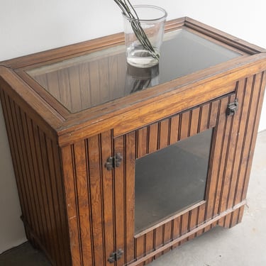 Small Antique Wainscot Beadboard Cupboard Wainscoting Display Cabinet with Glass Door Glass Top Wood Shelf Warm Stain 