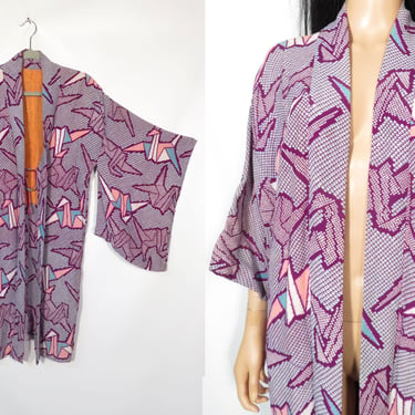 Vintage Silk Paper Crane Print Haori Kimono Jacket Size XS/S 