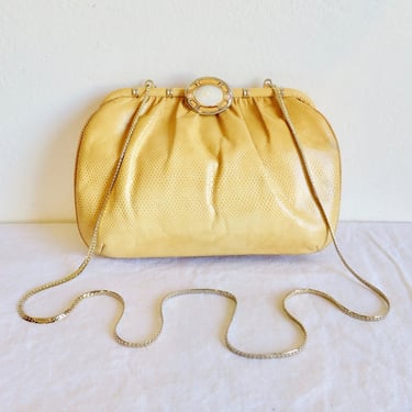 1980's Golden Yellow Snakeskin Purse Convertible Clutch Bag Gold Clasp and Hardware Shoulder Chain 80's Handbags Ashneil Judith Leiber Style 