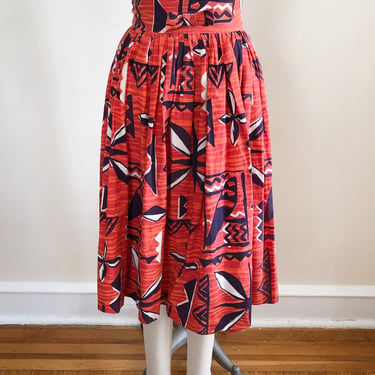 Orange and Blue Tiki/South Pacific Print Cotton Midi Skirt - 1950s 