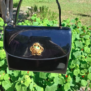 Vintage 50s / 60s Black Patent Leather Bag W/ Crab / Sign of Cancer / Astrological / Novelty  Bag /  Purse 