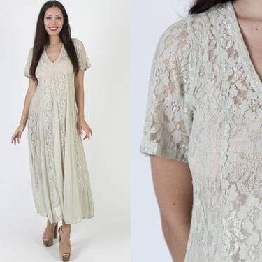 See Through 90s Gypsy Lace Dress, Sheer Lightweight Grunge Outfit, Pull On Vintage Sage Green Babydoll Sundress 