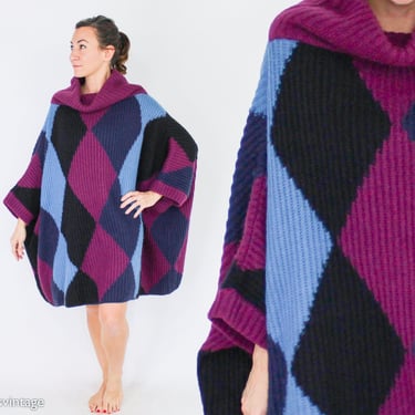 1980s Purple & Blue Oversize Sweater | 80s Harlequin Wool Knit Sweater | United Colors of Benetton | One Size 