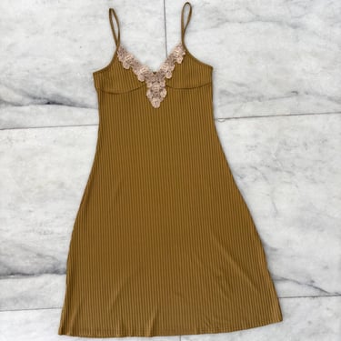 Womens Vintage Dress Midi Cami Lace Trim Ribbed Tan Womens Large Romantic Cottagecore 
