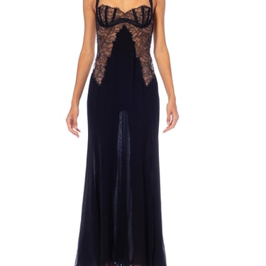 1990S Gianni Versace Black Silk Chiffon & Lace Lingerie Gown With High Slit 