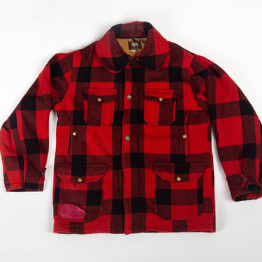 40s 50s Woolrich Red & Black Plaid Mackinaw Coat - Size 42 | Vintage Button Up Hunting Field Trapper Jacket 