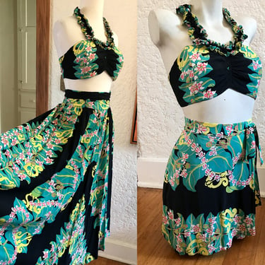 Awesome Four Piece 1940's "Kamehameha" Vintage Hawaiian Dress Romper set in Cold Rayon Tropical Print  Size Small 