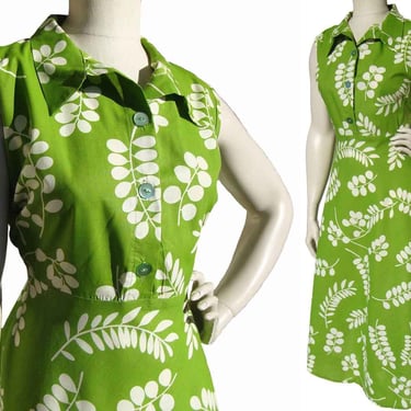 Vintage 70s Dress Cotton Lime Green Leaf Print XL 