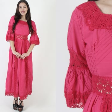 Magenta Bell Sleeve Mexican Dress, Crochet Lace Quinceanera Outfit, Pintuck Cotton Fiesta Maxi Dress 