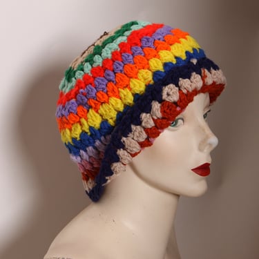 1970s Multi Colored Rainbow Handmade Crochet Winter Stocking Cap Hat 