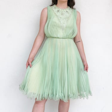 Vintage VTG 60s 1960s Designer Jack Bryan Seafoam Green Chiffon Party Dress with Neck Beading 