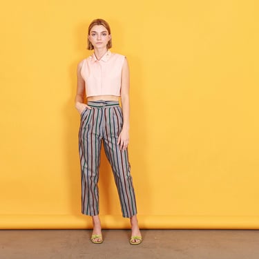 80s Grey Striped High Waisted Pants Vintage Slim Fitted Straight Leg Stripe Trousers 