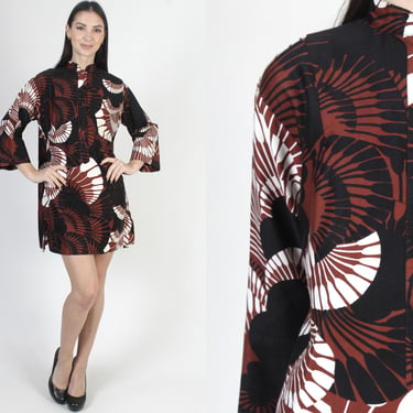 Catherine Ogust Penthouse Studio Dress, 60s Hawaiian Style Mini, Bell Sleeve Sundress 