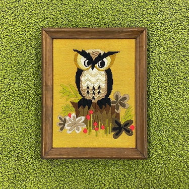 Vintage Owl Crewel 1970s Retro Size 21x17 Bohemian + Avon Products + Handmade + Embroidery + Bird + Boho Fiber Art + Home and Wall Decor 
