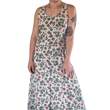 Vintage Woolrich Womens Linen Blend Floral Lagenlook Maxi Hippie Dress Sz M 