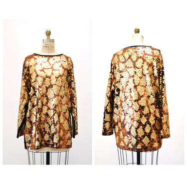 80s 90s Vintage Metallic Sequin Beaded Shirt Top Animal Cheetah Brown Gold Bronze Large // Vintage Brown Gold Sequin Shirt Top Large 