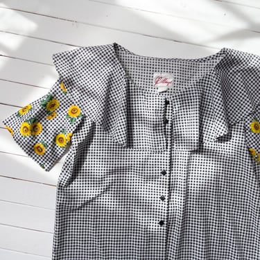 cute cottagecore blouse | 80s 90s vintage sunflower black white gingham checkered plaid sailor collar shirt 