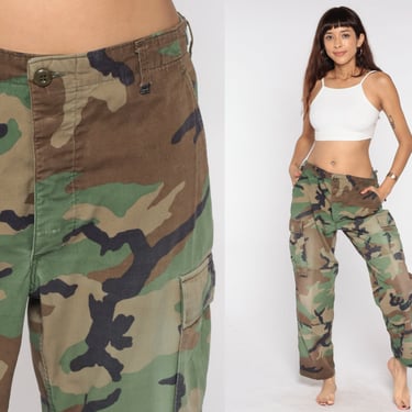 Camo Army Pants 80s CARGO Pants Military Combat Olive Green Camouflage Vintage 1980s Punk Grunge Olive Drab Army Cotton Short Medium 