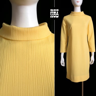 Fun Vintage 60s 70s Butter Yellow Ribbed Polyester Day Dress 
