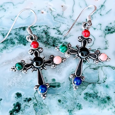 Sterling & Gemstone Cross Earrings THAILAND~Sterling Silver 925~Multi-gemstone Vintage Earrings 