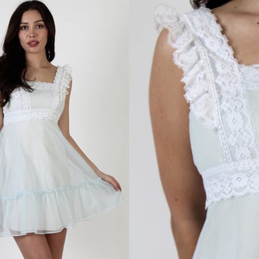1970's Crochet Swiss Dot Mini Bohemian Dress, Cute Bridal Short Wedding Dress 