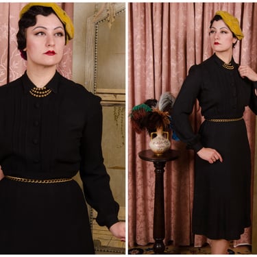 1930s Dress - Vintage Late 1930s Long Sleeved Black Rayon Day with Pleated Shirtwaist Bodice 