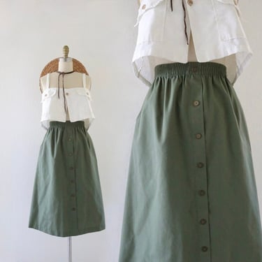 olive button skirt - 27-32 - vintage 90s y2k green elastic waist womens size small simple casual minimal spring summer below knee skirt 