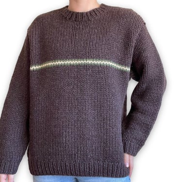Vintage 90s Mens J Crew Hand Knit Brown Wool Chunky Striped Crew Sweater Sz L 
