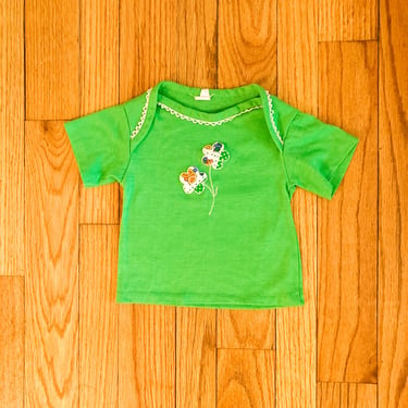 70s Toddler Green Floral Patchwork Cotton Tee | 2T 