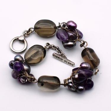 90's Sigrid Olsen amethyst pearl glass beaded bracelet, funky boho silver plate toggle clasp bracelet 