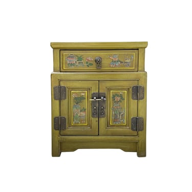 Oriental Distressed Light Mustard Green Graphic Side End Table Nightstand cs7630E 