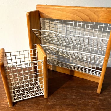 Vintage Wood and White Wire Grid Mail Organizer & Stationery Basket | MCM Office Entryway Wall Decor | Mesh Utensil Holder | Sold Separately 