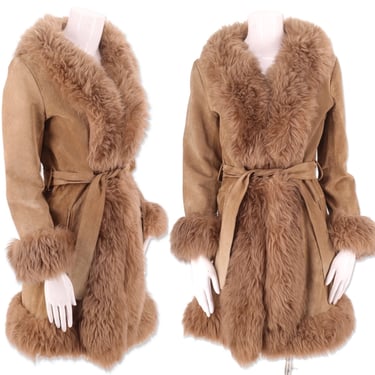 70s PENNY LANE brown suede & shearling trim coat M / vintage 1970s tan almost famous coat fur trim jacket 