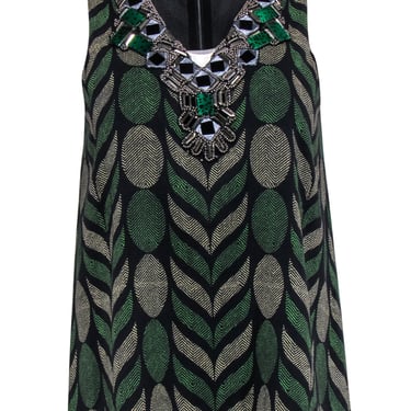 Alice & Olivia - Green & Black Print Sleeveless Blouse w/ Jeweled Neckline Sz XS