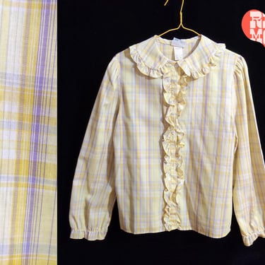 Sweet Vintage 70s 80s Pastel Yellow Purple Plaid Long Sleeve Button Down Blouse with Ruffly Peter Pan Collar 