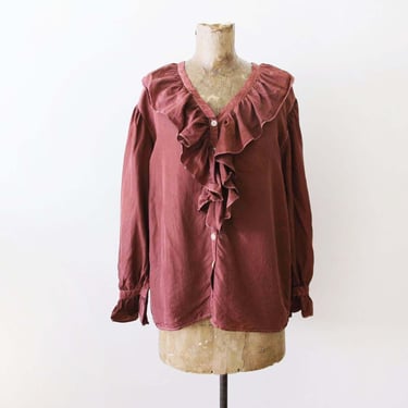 Vintage 90s Brown Silk Ruffle Blouse S - 1990s Frilly Romantic Top 