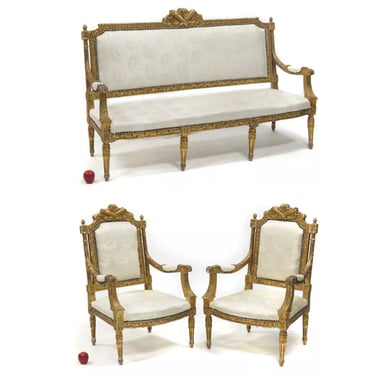Antique Parlor Set, French, Set of 3 , Chairs and Settee, Gilt, Off White, 1800s!!