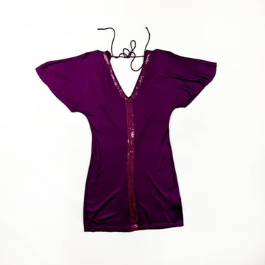 y2k Purple Low Back Mini Dress / Deep V / Small / Ties / 00s / Paris / Fluttery / S / 90s / Club / AX / Armani Exchange / Grape / Sequins 
