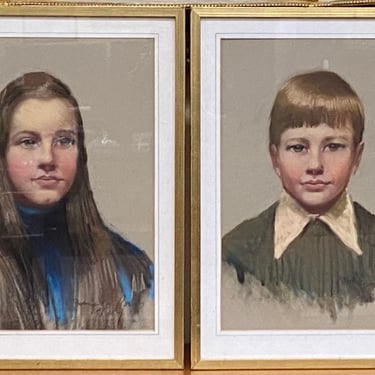 Item #DMC391 Pair of Vintage &#8220;Siblings&#8221; Pastel Portraits c.1960