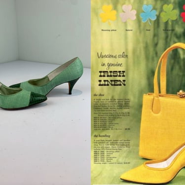 She Was Vivacious  - Vintage 1950s 1960s Grass Green Linen & Emerald Green Reptile Pumps Shoes Heels - 7 1/2B 