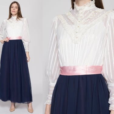 XS 60s 70s Victorian White & Navy Blue Hostess Dress | Retro Vintage Long Sleeve Sheer Lace Formal Maxi Dress 