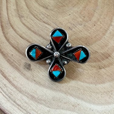 ZUNI BROOCH Vintage Turquoise & Coral Inlay Floral Sterling Silver Pin | Mid Century Vintage | Native American Made Jewelry, Southwestern 