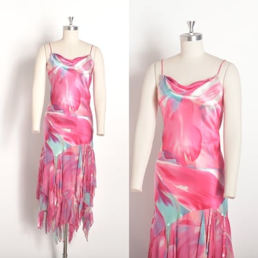 Vintage 2000s Dress / Y2K Diane Freis Abstract Floral Satin Dress / Pink Blue ( M L ) 