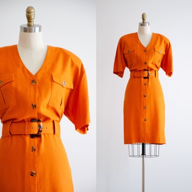 orange linen dress 80s vintage Depeche Mode pumpkin orange short sleeve mini dress 