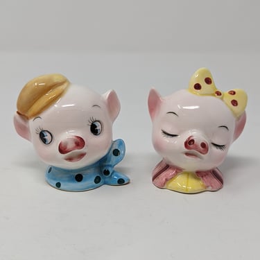 Vintage Made in Japan Pig Piggie Head Ceramic Salt and Pepper Shakers 