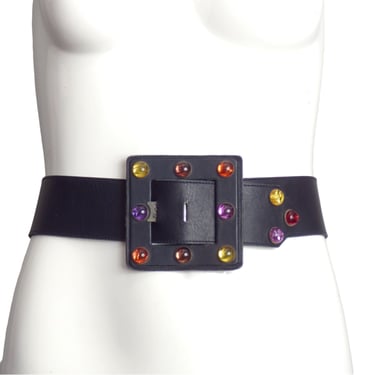 YVES SAINT LAURENT- c.1990 Black Leather Jeweled Belt, Waist-32"