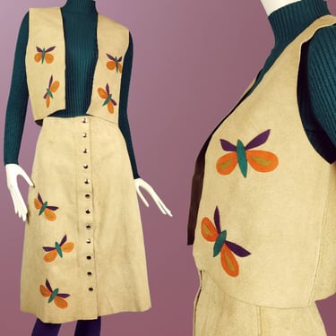 SUEDE vintage skirt set. 2 piece skirt with vest. Skirt suit. Bohemian, mod, groovy, one of a kind, handmade, 70s autumn ensemble. (S/M) 
