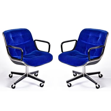 Pair Charles Pollock for Knoll Blue Velvet Executive Chairs Adjustable Height 