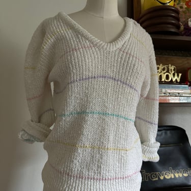 Vintage 80s Mod Spring Pastel Bold Striped Cropped Sweater with V Neck; 80s Ribbed Striped Textured  Femeinine Easer Sweater XS 