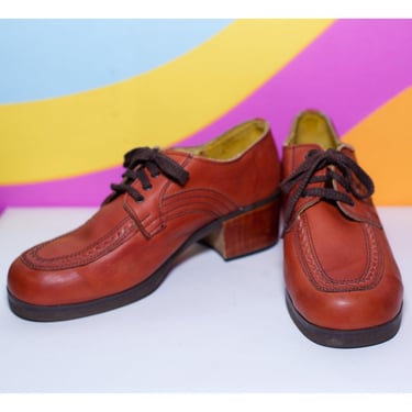 Vintage 1970s Men's Brown Wood Heel Platform Shoes | Size 11 